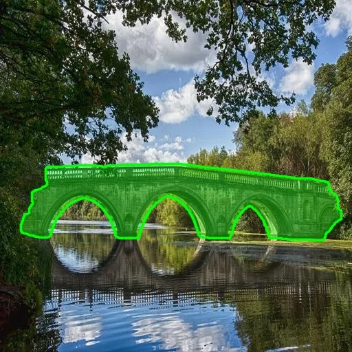 Bridge selected with a green mask over a lake