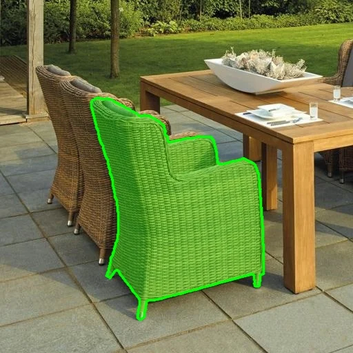 Foreground chair selected with a green mask on a patio